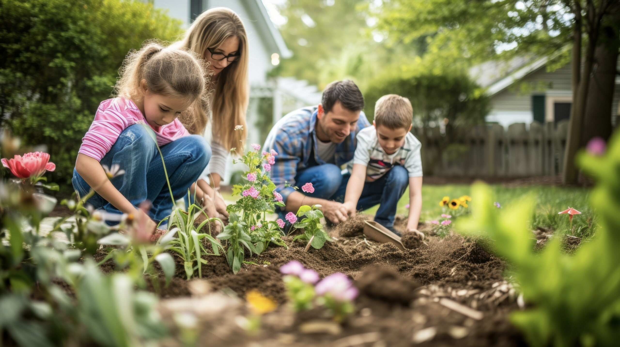 A family of four tackles a backyard landscaping project with the parents guiding their children in planting flowers and laying down new gr
